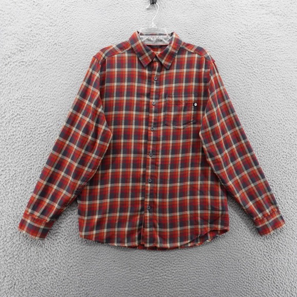 Marmot Flannel Shirt Plaid Button Up Large Red‎ Beige Mens Recycled Cotton - Picture 1 of 12